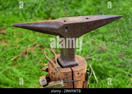 The metal anvil and other tools for blacksmithing on a background of green grass. Stock Photo
