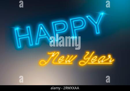 Image of the number 2024 in blue neon and the text Happy new year in yellow neon on a diffuse background of lights and shadows. New year concept. Stock Photo