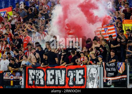 Supporters Atletico Madrid looks during the UEFA Champions League match SS Lazio vs Atletico Madrid at Olimpico Stadium on September 19, 2023, in Rome. Stock Photo