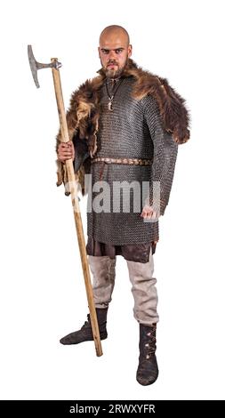 Medieval Viking armor is fighting with two-handed ax. Isolated on white Stock Photo