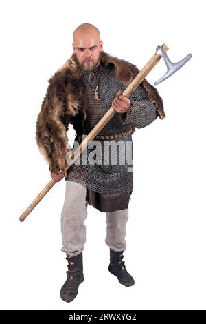 Medieval Viking armored attack with a battle-ax. Isolated on white Stock Photo