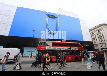 New IKEA store being constructed at Oxford Circus replacing Top Shop, an iconic IKEA bag fronts the site, in central London, UK Stock Photo