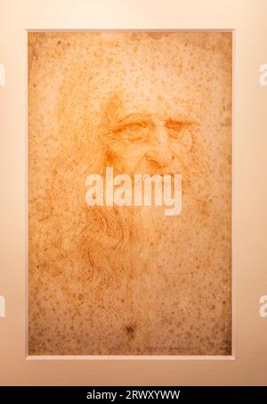 Turin, Italy - April, 2023: original Leonardo da Vinci portrait on handmade cotton paper, Royal Library Stock Photo