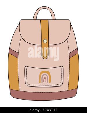 Boho backpack with rainbow, color vector illustration in beige, ginger and brown shades Stock Vector