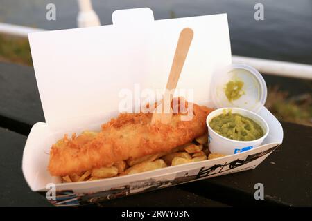 Fish and chips from the famous Magpie Cafe on the harbour in Whitby in North Yorkshire, UK. Stock Photo