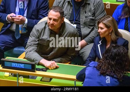 New York, USA, 19th September 2023.  Andrii Yermak, Head of the Office of the President of Ukraine and Ukrainian First Lady Olena Zelenska watch Ukrai Stock Photo