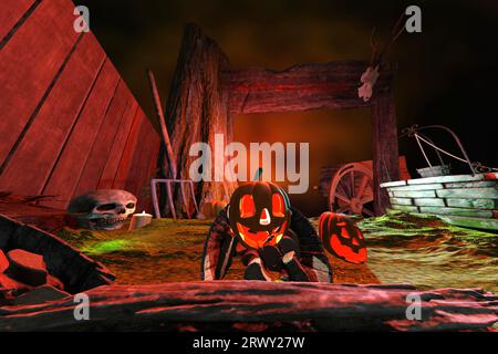 Halloween background. Spooky night scene with pumpkins and skull head. 3D render illustration. Stock Photo