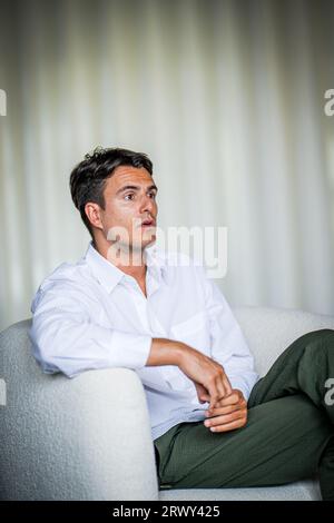 Brussels, Belgium. 20th Sep, 2023. Flemish socialist party Vooruit chairman Conner Rousseau pictured during an interview session in Brussels, Wednesday 20 September 2023. BELGA PHOTO JASPER JACOBS Credit: Belga News Agency/Alamy Live News Stock Photo