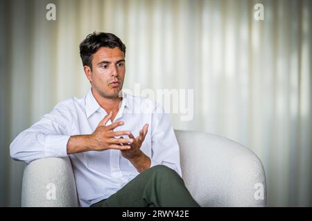 Brussels, Belgium. 20th Sep, 2023. Flemish socialist party Vooruit chairman Conner Rousseau pictured during an interview session in Brussels, Wednesday 20 September 2023. BELGA PHOTO JASPER JACOBS Credit: Belga News Agency/Alamy Live News Stock Photo