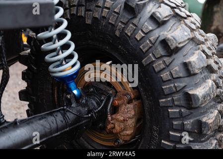 tire wheel, suspension of a 4x4 off-road car close up Stock Photo