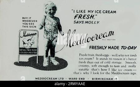 A 1950 advertisement for Meddocream Ice Cream, manufactured by Meddocream Ltd, Ward End, Birmingham. The advertisement features a young girl, Molly, ice cream cone in hand who says’I like my ice cream fresh’. Stock Photo