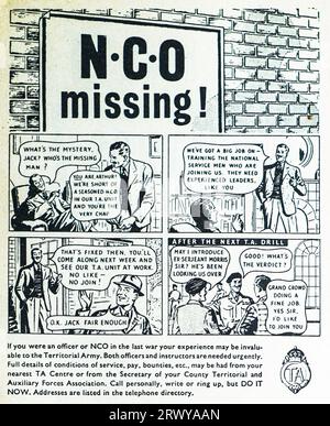 A 1950 advertisement by the Territorial Army seeking experienced NCOs or officers who fought in the last war. The advertisement is headed NCO Missing. Their experience is said to be invaluable and they are encouraged to contact their local TA Centre or their County Territorial Association. Stock Photo