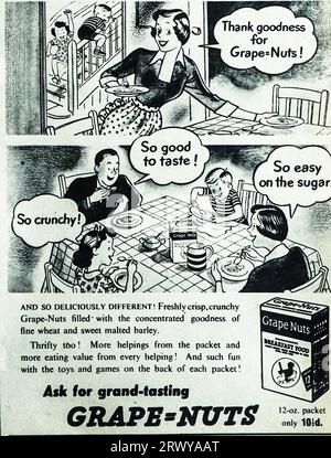 A 1950 advertisement for Grape Nuts breakfast food. Developed in 1897 and marketed as a cereal that could enhance health and vitality. The product was made from flour.salt and dried yeast and developed by C. W. Post, a one time competitor of Kelloggs. Stock Photo