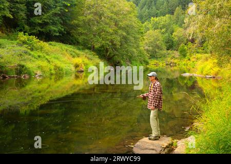 Fly fishing on the Alsea River, River Edge Boat Slide, Siuslaw National Forest, Marys Peak to Pacific Scenic Byway, Oregon Stock Photo