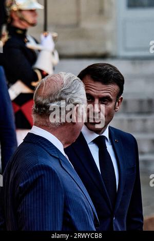 France/Paris - 21/09/2023 - State visit of King Charles III and Queen Camilla in, France. 21st Sep, 2023. France/Paris - French President Emmanuel Macron with King Charles III during a bilateral meeting at the Elysee Palace in Paris on September 21, 2023, on the occasion of the British monarch's state visit to France. Credit: LE PICTORIUM/Alamy Live News Stock Photo