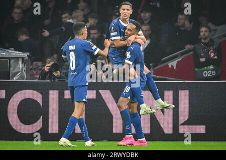 Amsterdam, France, Netherlands. 21st Sep, 2023. Pierre-Emerick AUBAMEYANG of Marseille celebrate his goal with Amine HARIT of Marseille and Azzedine OUNAHI of Marseille during the UEFA Europa League group B match between Ajax Amsterdam and Olympique de Marseille (OM) at Johan Cruijff ArenA Stadium on September 21, 2023 in Amsterdam, Netherlands. (Credit Image: © Matthieu Mirville/ZUMA Press Wire) EDITORIAL USAGE ONLY! Not for Commercial USAGE! Stock Photo