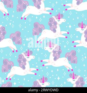 Seamless vector pattern with cute unicorns with purple main and sparks on a turquoise background. For textiles, wallpapers or prints, party, baby show Stock Vector