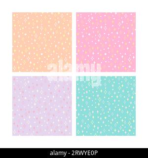 Hand drawn seamless pattern set with sparkles on orange, mint green, purple, pink backgrounds. Vector illustration. For textiles, wallpapers and print Stock Vector