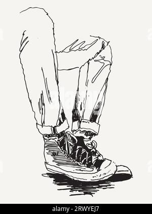 Vector free hand drawing illustration of a pair of male feet wearing canvas shoes, retro youth culture concept. Stock Photo