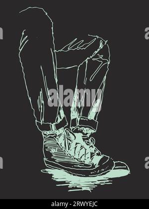 Vector free hand drawing illustration of a pair of male feet wearing canvas shoes, retro youth culture concept. Stock Photo