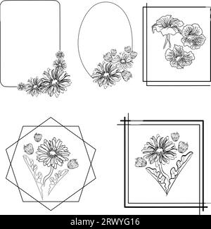 Vector illustration with set of frames with flowers in doodle technique isolated Stock Vector