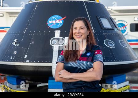 Space. 1st Feb, 2023. LILIANA VILLARREAL, Artemis landing and recovery director with Exploration Ground Systems (EGS), stands in front of the Crew Module Test Article (CMTA) at the turn basin in the Launch Complex 39 area at NASA's Kennedy Space Center in Florida on Feb. 1, 2023. The CMTA is being used to practice recovery after splashdown of the Orion spacecraft to prepare for the Artemis II crewed mission. EGS leads recovery efforts. (Credit Image: © Kim Shiflett/NASA/ZUMA Press Wire) EDITORIAL USAGE ONLY! Not for Commercial USAGE! Stock Photo