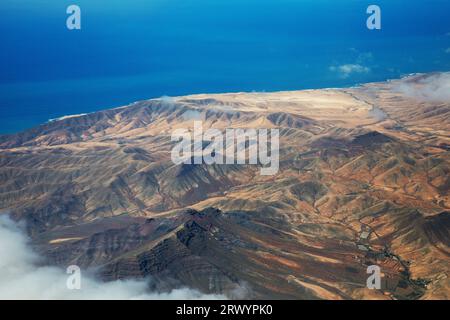 sparse vegetation in volcanic landscape south of Parajam, aerial view, Canary Islands, Fuerteventura Stock Photo