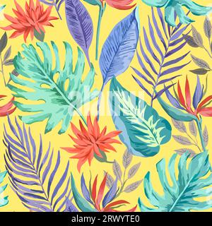 Realistic tropical pattern with monstera leaves and red flowers. Vector illustration Stock Vector