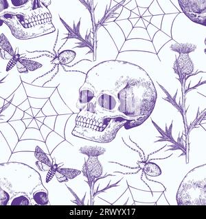 Halloween monochrome seamless pattern with realistic human skull, spider web, moths and flowers. Gothic print in retro engraving style. Stock Vector