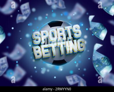 Bookmaking. Words Sports Betting, soccer ball and flying around dollars on blue background Stock Photo