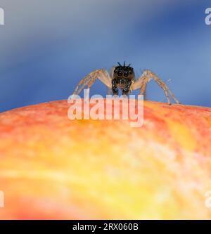 Black, tufted morph of Dimorphic jumper sitting on top of an apple, with light blue background Stock Photo