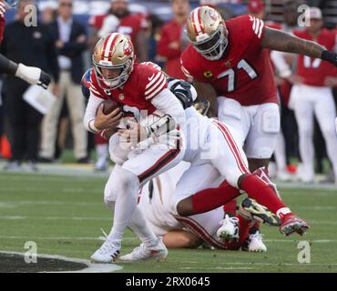 Santa Clara, United States. 21st Sep, 2023. San Francisco 49ers quarterback Brock Purdy (13) is sacked by New York Giants linebacker Kayvon Thibodeaux (5) in the first quarter at Levi's Stadium in Santa Clara, California on Thursday, September 21, 2023. Photo by Terry Schmitt/UPI Credit: UPI/Alamy Live News Stock Photo