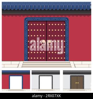 Layered editable vector illustration of a gate on the wall with ancient Chinese traditional style. Stock Vector