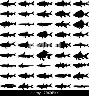 Layered editable vector illustration silhouette of 45 freshwater fishes. Stock Vector