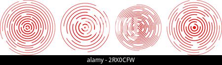 Red concentric ripple circles set. Sonar or sound linear wave rings collection. Epicenter, target, radar icon concept. Radial signal or vibration elements. Halftone line vector illustration pack Stock Vector