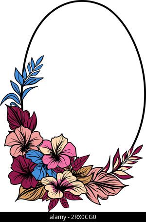 Oval frame with tropical flowers and leaves vector illustration Stock Vector