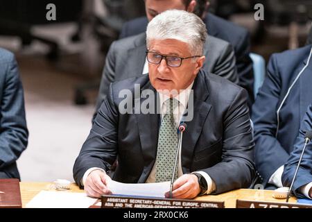 New York, USA. 21st Sep, 2023. Miroslav Jen?a, Assistant Secretary-General for Europe, Central Asia and Americas, Departments of Political and Peacebuilding Affairs and Peace Operations speaks during Security Council meeting on situation in Azerbaijan region of Nagorno-Karabakh at UN Headquarters in New York on September 21, 2023. (Photo by Lev Radin/Sipa USA) Credit: Sipa USA/Alamy Live News Stock Photo