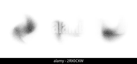Abstract fluid stippled gradient splashes. Noise grain texture stains shape set. Black and white dotted spray shades and sand dust spots. Halftone splatter forms collection. Vector dotwork elements Stock Vector
