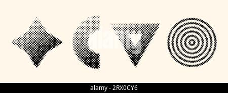 Halftone geometric shapes set. Dotted pixelated diamond, arch, triangle and circles elements with gradient. Black textured objects for banner, poster, collage, flyer, booklet, brochure. Vector Stock Vector