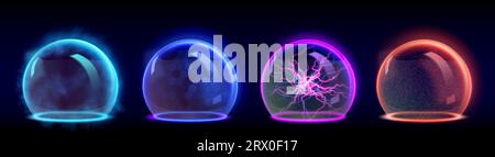 3d bubble shield with energy and thunder effect. Abstract protect sphere dome technology. Vector secure glass cyber immune. Ai hexagon grid smoke design. Magic defence game element in blue and pink Stock Vector