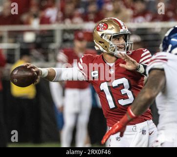 Santa Clara, United States. 21st Sep, 2023. San Francisco 49ers quarterback Brock Purdy (13) throws against the New York Giants in the third quarter at Levi's Stadium in Santa Clara, California on Thursday, September 21, 2023. The 49ers deafeated the Giants 30-12. Photo by Terry Schmitt/UPI Credit: UPI/Alamy Live News Stock Photo