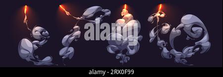 Set of rockets flying with smoke trail isolated in black background. Vector cartoon illustration of missile or bomb attack with fire and clouds of grey steam, abstract dust vortex, comic style design Stock Vector