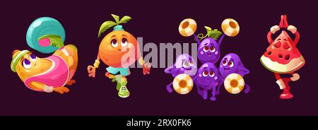 Fruits cartoon characters doing sport exercises and yoga. Vector illustration set of banana with fitness ball, orange and watermelon standing in asana with om hands, grapes cheerleaders dancing. Stock Vector