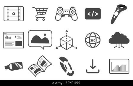 Exploring on futuristic interface 3D world. Video game console and elements collection. Modern Technology Concept for serving Leisure Activity. Stock Photo