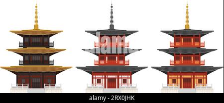 Layered editable vector illustration of Japanese traditional pagoda with three colors. Stock Vector