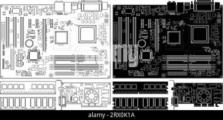 Layered editable vector illustration outline of old computer motherboard, memory and graphics card Stock Vector