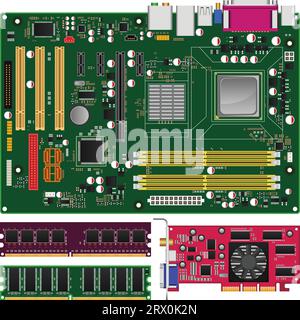 Layered vector illustration of Mainboard,Memory and Graphics Card. Stock Vector