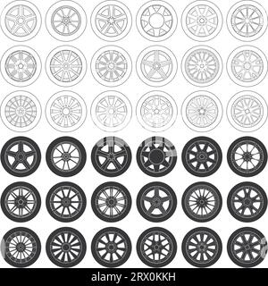 Layered editable vector illustration of collection outline of different automobile tires. Stock Vector