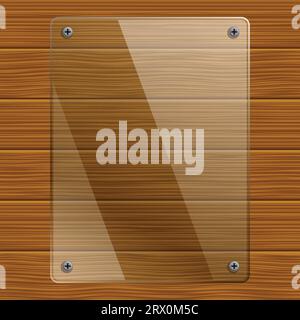 Layered editable vector illustration of transparent glass photo frame on wooden board background. Stock Vector