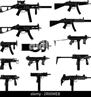 Layered vector illustration of collected Submachine Guns. Stock Vector